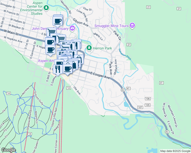 map of restaurants, bars, coffee shops, grocery stores, and more near 929 East Durant Avenue in Aspen