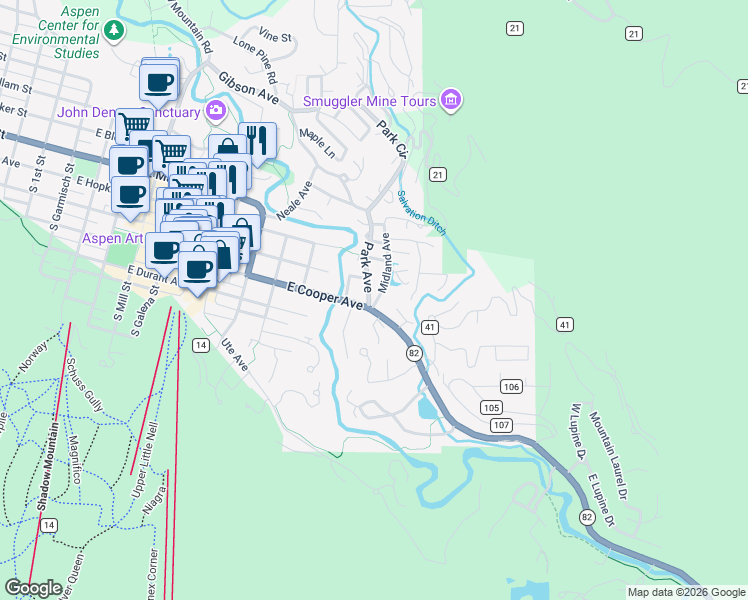 map of restaurants, bars, coffee shops, grocery stores, and more near 1195 East Cooper Avenue in Aspen