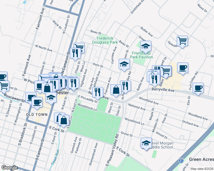 map of restaurants, bars, coffee shops, grocery stores, and more near 329 Fairview Avenue in Winchester