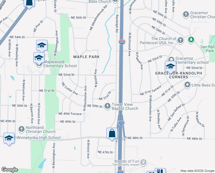 map of restaurants, bars, coffee shops, grocery stores, and more near 5151 North Corrington Avenue in Kansas City