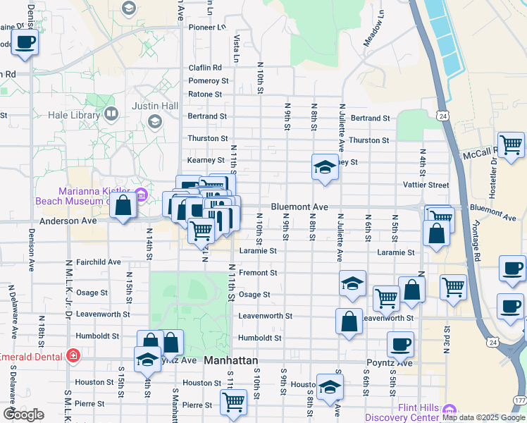 map of restaurants, bars, coffee shops, grocery stores, and more near 931 Bluemont Avenue in Manhattan