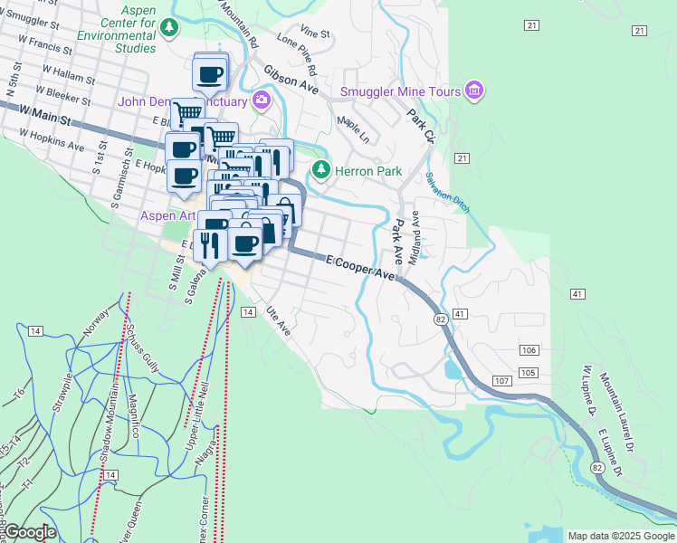 map of restaurants, bars, coffee shops, grocery stores, and more near 929 East Durant Avenue in Aspen