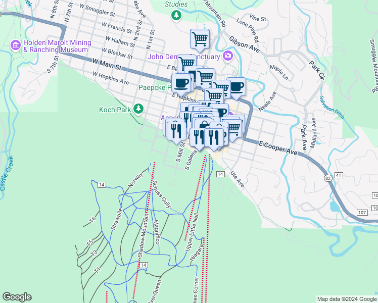 map of restaurants, bars, coffee shops, grocery stores, and more near 626 South Galena Street in Aspen