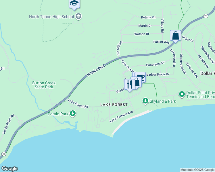 map of restaurants, bars, coffee shops, grocery stores, and more near 3101 Lake Forest Road in Tahoe City