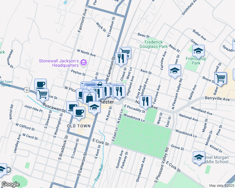 map of restaurants, bars, coffee shops, grocery stores, and more near 247 East Fairfax Lane in Winchester