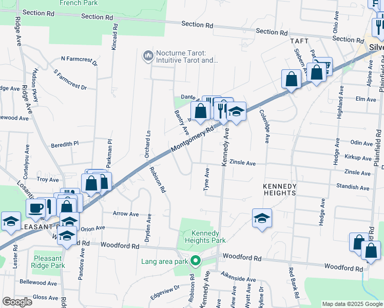 map of restaurants, bars, coffee shops, grocery stores, and more near 6245 Rogers Park Place in Cincinnati