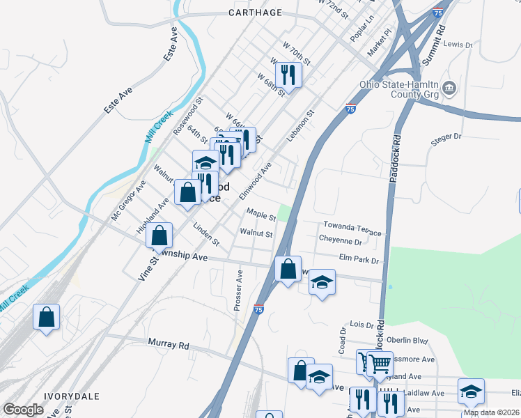 map of restaurants, bars, coffee shops, grocery stores, and more near 6104 Sycamore Street in Cincinnati