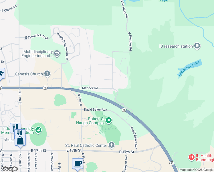 map of restaurants, bars, coffee shops, grocery stores, and more near 1604 East Matlock Road in Bloomington