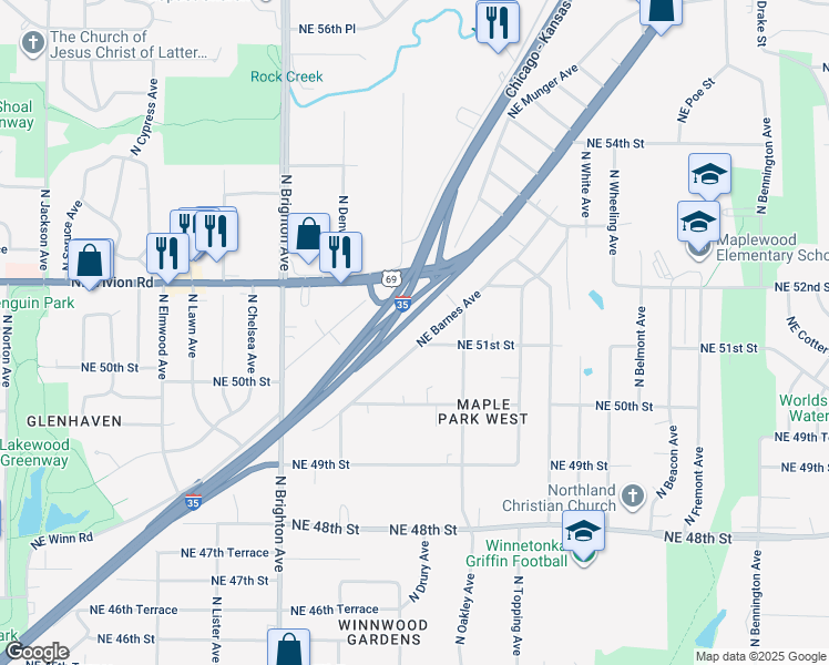 map of restaurants, bars, coffee shops, grocery stores, and more near 5400 Northeast Barnes Avenue in Kansas City