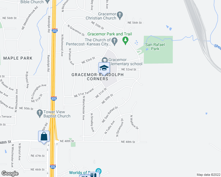 map of restaurants, bars, coffee shops, grocery stores, and more near 8046 Northeast 50th Street in Kansas City