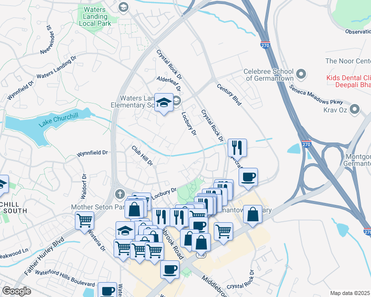 map of restaurants, bars, coffee shops, grocery stores, and more near 12902 Churchill Ridge Circle in Germantown