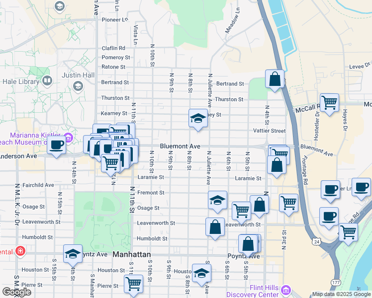 map of restaurants, bars, coffee shops, grocery stores, and more near 805 Bluemont Avenue in Manhattan