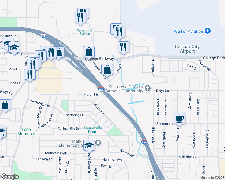 map of restaurants, bars, coffee shops, grocery stores, and more near 2900 Research Way in Carson City