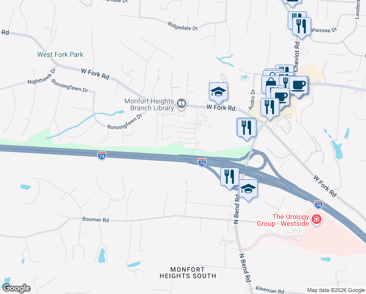 map of restaurants, bars, coffee shops, grocery stores, and more near 5121 North Bend Crossing in Cincinnati