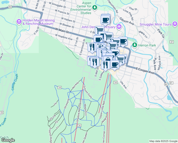 map of restaurants, bars, coffee shops, grocery stores, and more near 701 South Monarch Street in Aspen