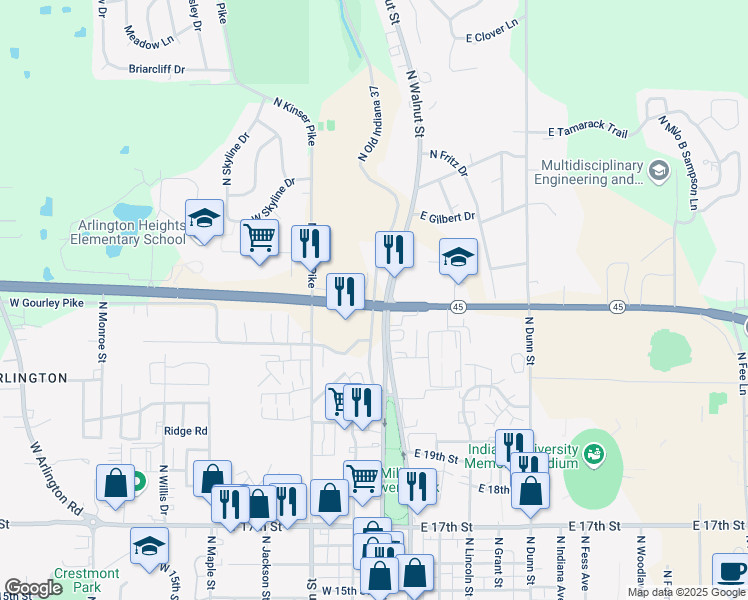 map of restaurants, bars, coffee shops, grocery stores, and more near 2098 North College Avenue in Bloomington