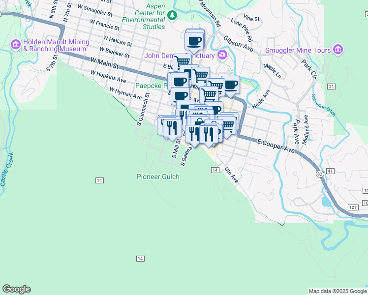 map of restaurants, bars, coffee shops, grocery stores, and more near 415 East Dean Street in Aspen
