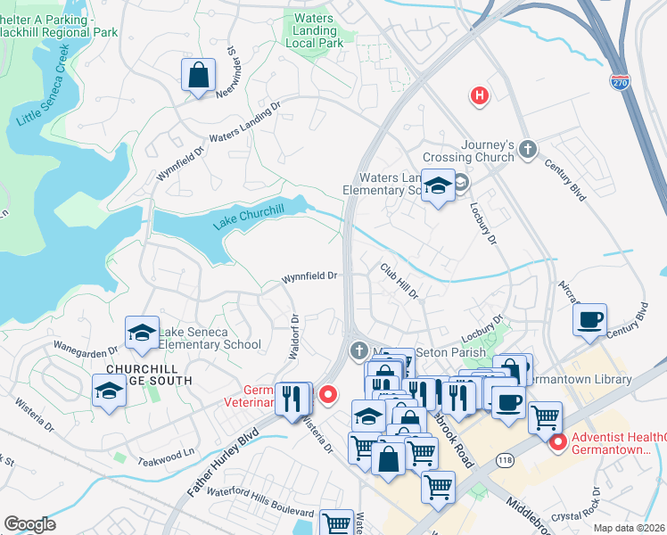map of restaurants, bars, coffee shops, grocery stores, and more near 20201 Shipley Terrace in Germantown