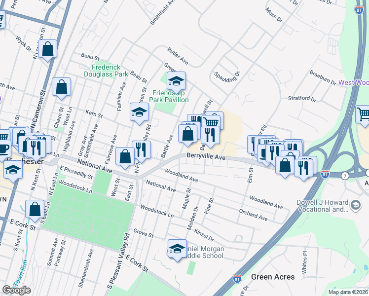 map of restaurants, bars, coffee shops, grocery stores, and more near 682 Virginia 7 in Winchester