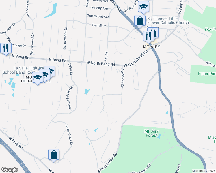 map of restaurants, bars, coffee shops, grocery stores, and more near 5290 Fox Road in Cincinnati