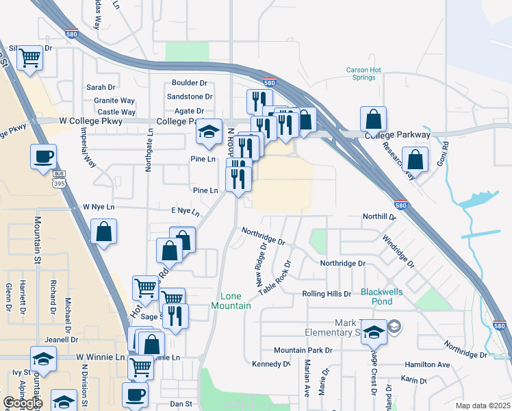 map of restaurants, bars, coffee shops, grocery stores, and more near 849 Ridgefield Drive in Carson City