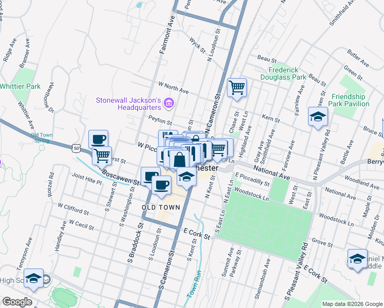 map of restaurants, bars, coffee shops, grocery stores, and more near in Winchester