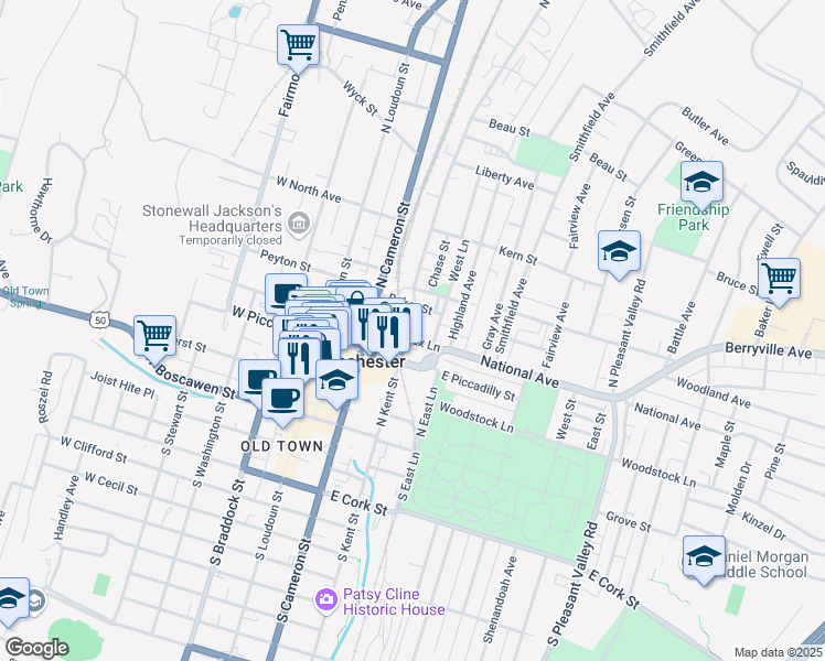 map of restaurants, bars, coffee shops, grocery stores, and more near 304 North Kent Street in Winchester