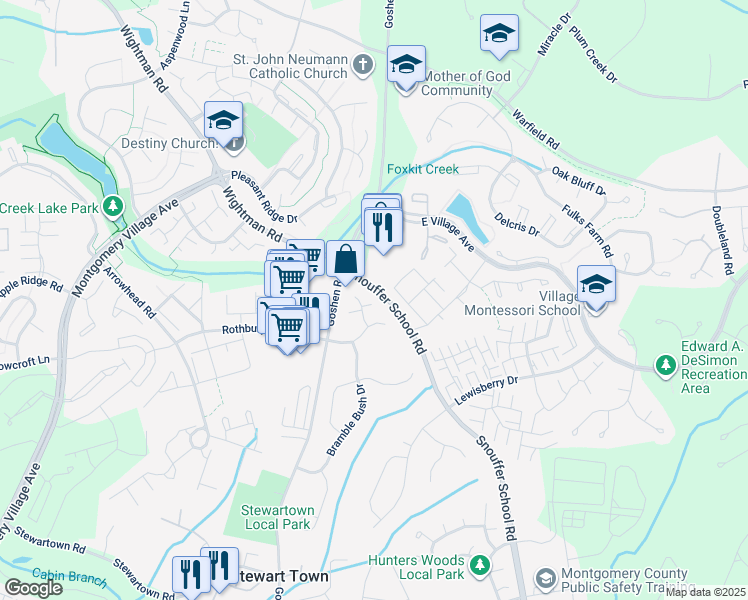map of restaurants, bars, coffee shops, grocery stores, and more near 20113 Green Run Court in Gaithersburg