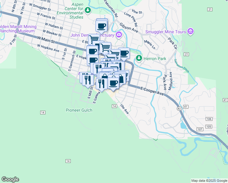 map of restaurants, bars, coffee shops, grocery stores, and more near 611 East Durant Avenue in Aspen