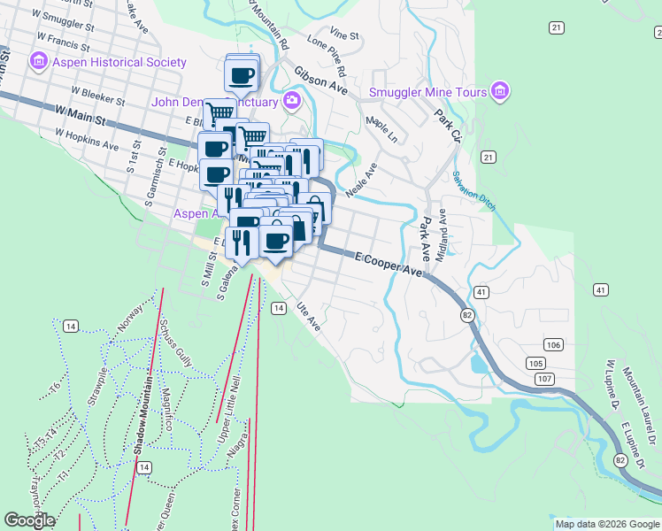 map of restaurants, bars, coffee shops, grocery stores, and more near 825 East Dean Street in Aspen