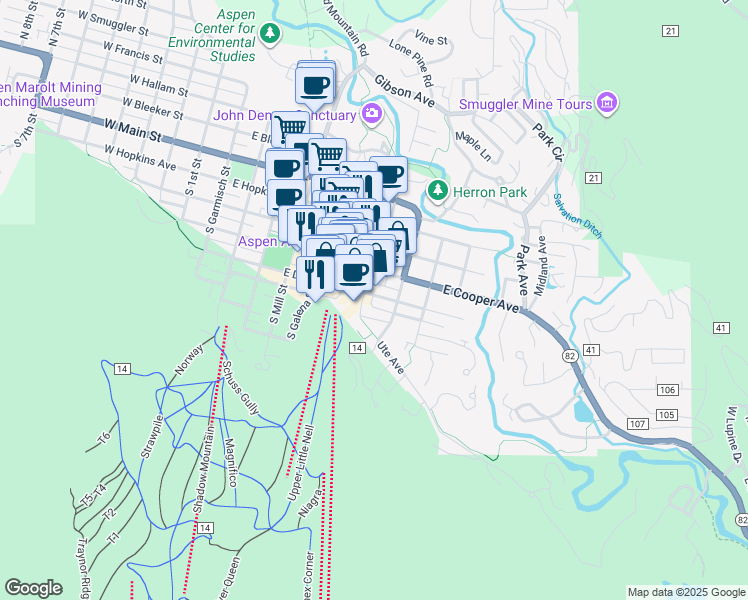 map of restaurants, bars, coffee shops, grocery stores, and more near 700 Ute Avenue in Aspen