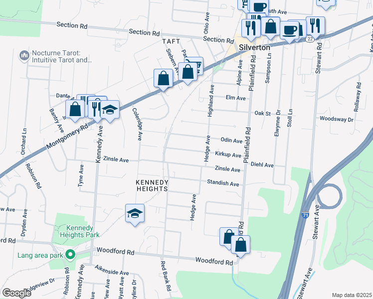 map of restaurants, bars, coffee shops, grocery stores, and more near 3836 Zinsle Avenue in Cincinnati
