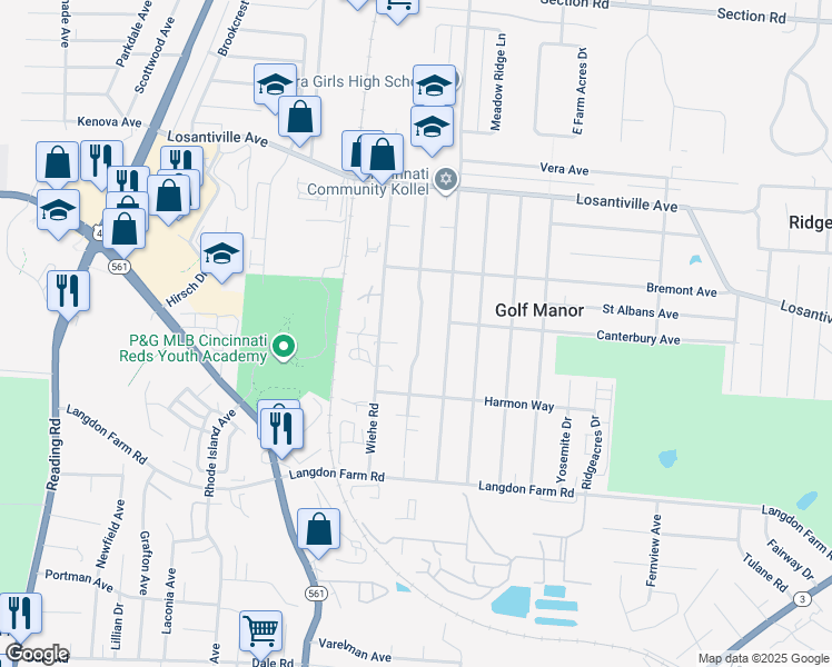 map of restaurants, bars, coffee shops, grocery stores, and more near 6245 Stover Avenue in Cincinnati