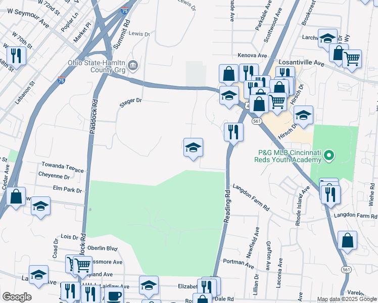 map of restaurants, bars, coffee shops, grocery stores, and more near 1660 Sternblock Lane in Cincinnati
