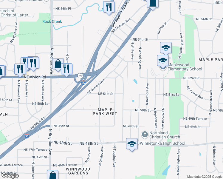 map of restaurants, bars, coffee shops, grocery stores, and more near 5041 North Topping Avenue in Kansas City