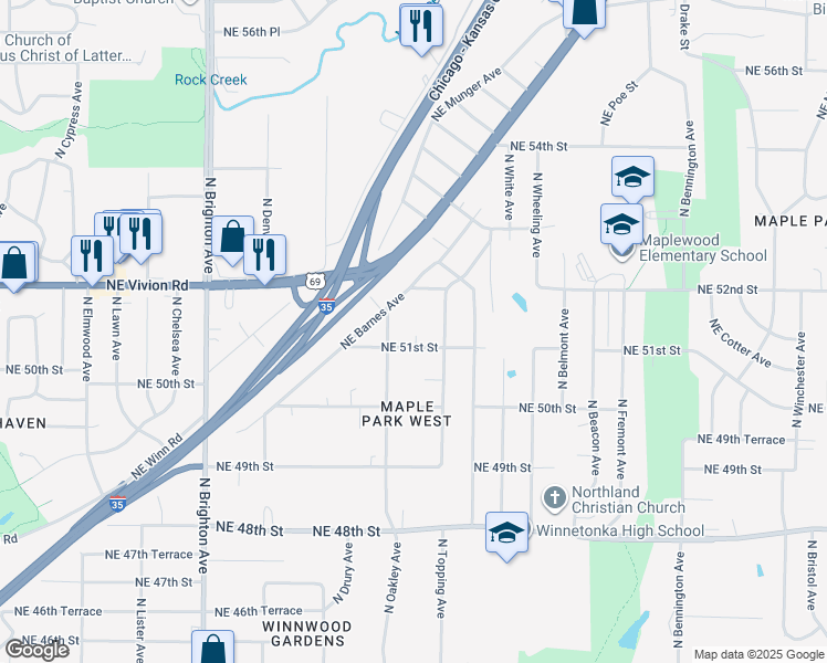 map of restaurants, bars, coffee shops, grocery stores, and more near 5615 Northeast 51st Street in Kansas City