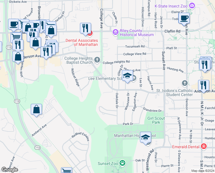 map of restaurants, bars, coffee shops, grocery stores, and more near 2300 Wildwood Lane in Manhattan