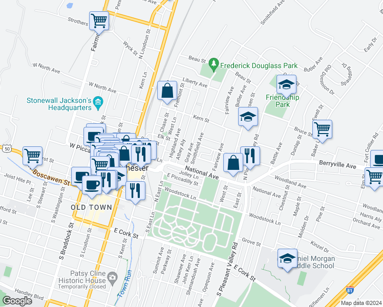 map of restaurants, bars, coffee shops, grocery stores, and more near 320 Gray Avenue in Winchester