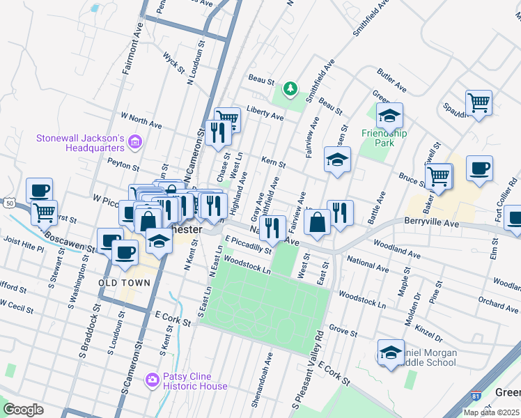map of restaurants, bars, coffee shops, grocery stores, and more near 320 Gray Avenue in Winchester