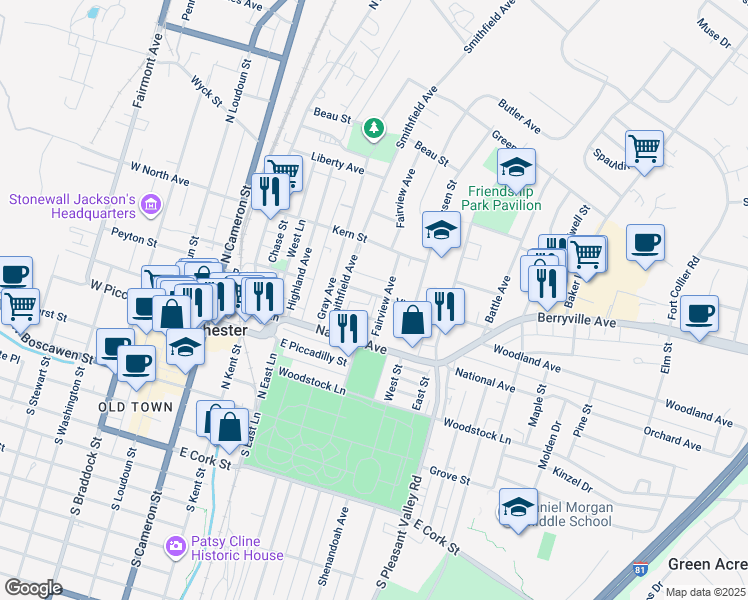 map of restaurants, bars, coffee shops, grocery stores, and more near 353 Virginia Avenue in Winchester