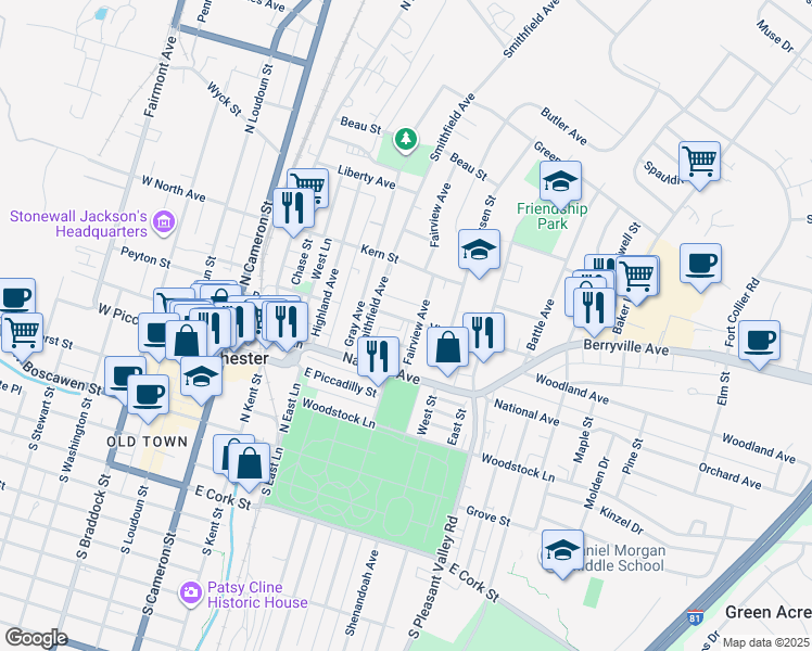 map of restaurants, bars, coffee shops, grocery stores, and more near 353 Virginia Avenue in Winchester