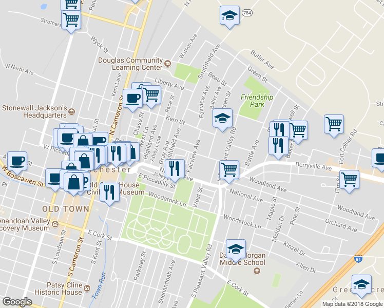 map of restaurants, bars, coffee shops, grocery stores, and more near 357 Virginia Avenue in Winchester