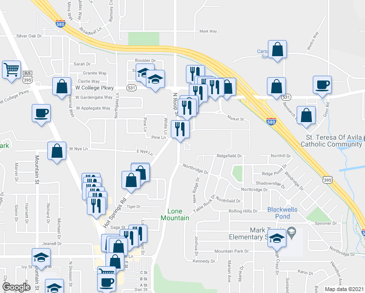 map of restaurants, bars, coffee shops, grocery stores, and more near 2910 North Roop Street in Carson City