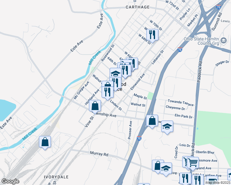 map of restaurants, bars, coffee shops, grocery stores, and more near 6100 Vine Street in Cincinnati