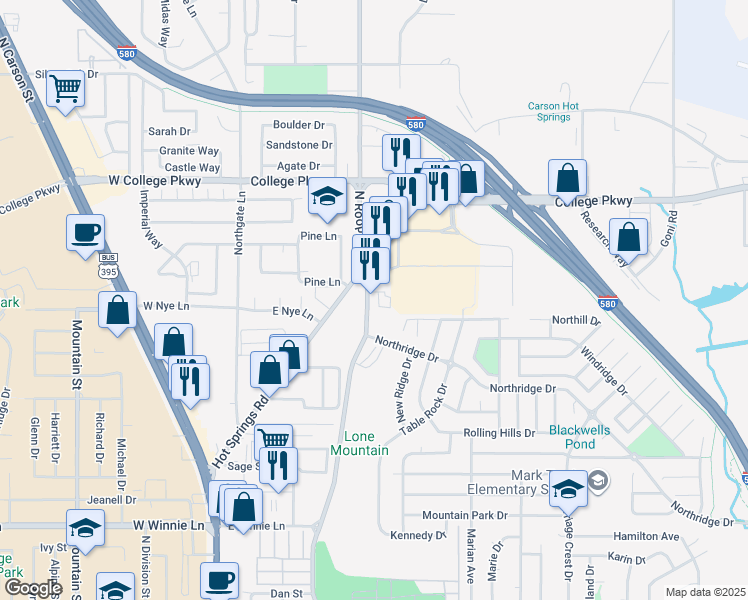 map of restaurants, bars, coffee shops, grocery stores, and more near 2910 North Roop Street in Carson City