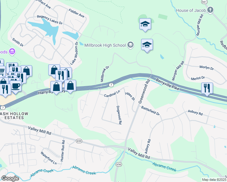 map of restaurants, bars, coffee shops, grocery stores, and more near 330 Dogwood Road in Winchester