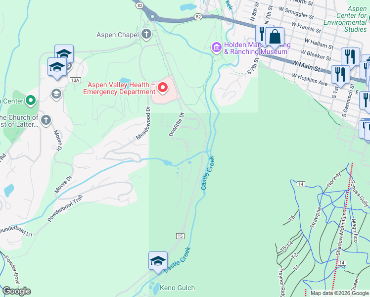 map of restaurants, bars, coffee shops, grocery stores, and more near 149 Larkspur Lane in Aspen