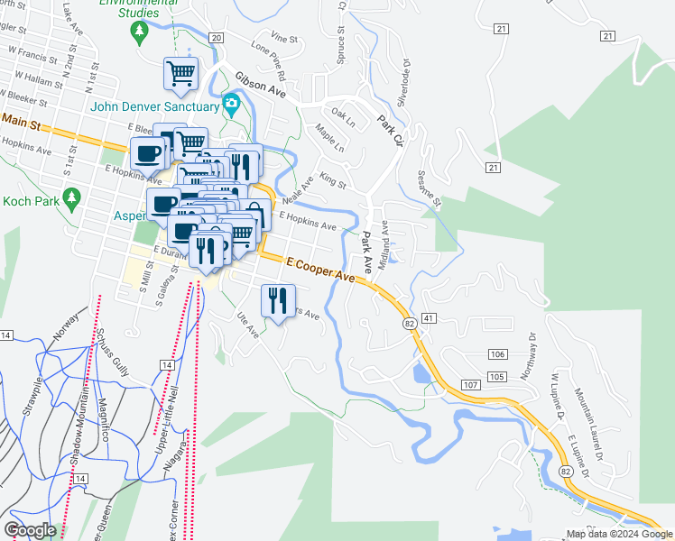 map of restaurants, bars, coffee shops, grocery stores, and more near 1039 East Cooper Avenue in Aspen