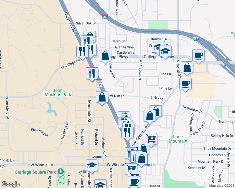 map of restaurants, bars, coffee shops, grocery stores, and more near 333 West Nye Lane in Carson City