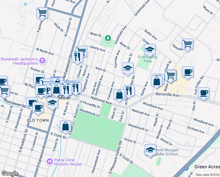 map of restaurants, bars, coffee shops, grocery stores, and more near 357 Virginia Avenue in Winchester